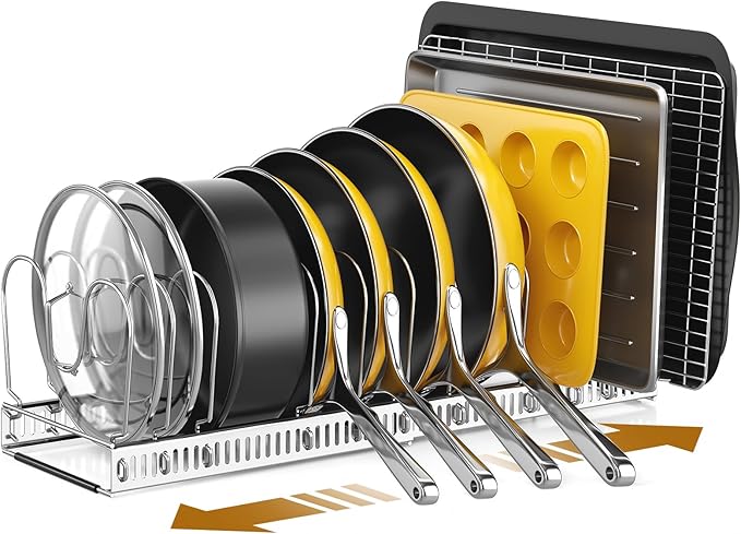 ORDORA Pots and Pans Organizer under Cabinet with Pan Holder: Expandable 11.8"-22.8" Kitchen Cabinet Organizer Rack, 12 Adjustable Dividers Storage for Cookie Sheets, Cutting Boards & Lid, Silver