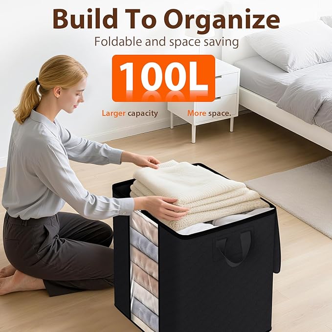 8 Pack 100L Clothes Storage, Foldable Thick Fabric Blanket Storage Bags, Black