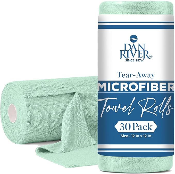 DAN RIVER Microfiber Cleaning Cloth Roll - 30 Pack, 12x12 Inch Reusable Tear Away Lint-Free Cloths for Kitchen, Car and Home -Streak-Free Towels for Dusting, Glass, Electronics & Dish Cleaning (Green)