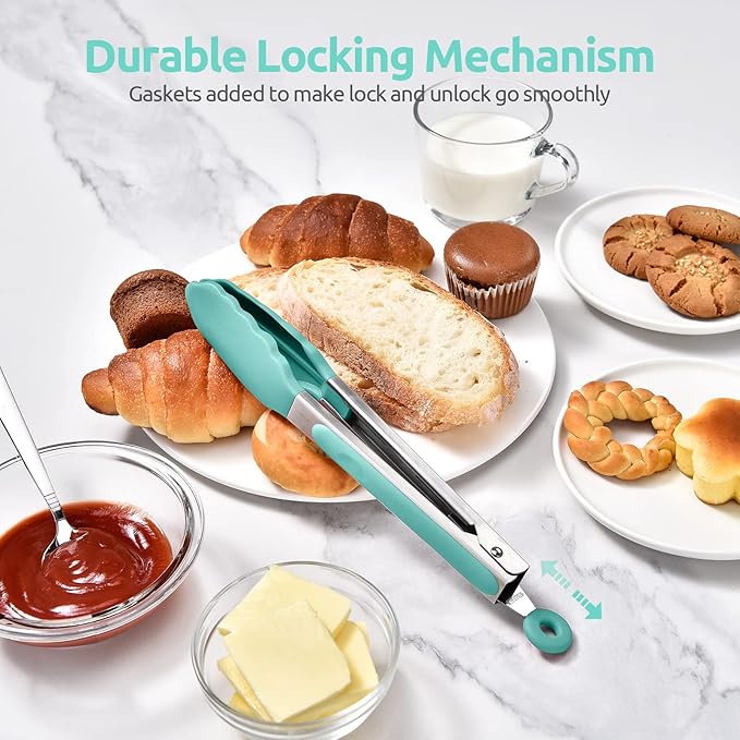 600ºF Heat Resistant Kitchen Tongs: U-Taste 9 inch Silicone Cooking Tong with Firm Sealed Non Stick Rubber Tips & Silicon Coated 18/8 Stainless Steel Handle & Smooth Locking for Serving Salad-Aqua Sky