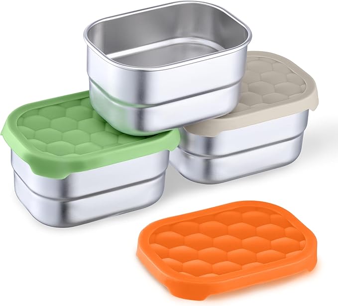 Homikit 3 Pack Snack Containers for Kids, 18/10 Stainless Steel Toddler Lunch Box with Silicone Lids