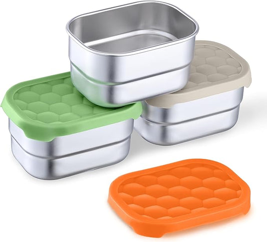 Homikit 3 Pack Snack Containers for Kids, 18/10 Stainless Steel Toddler Lunch Box with Silicone Lids