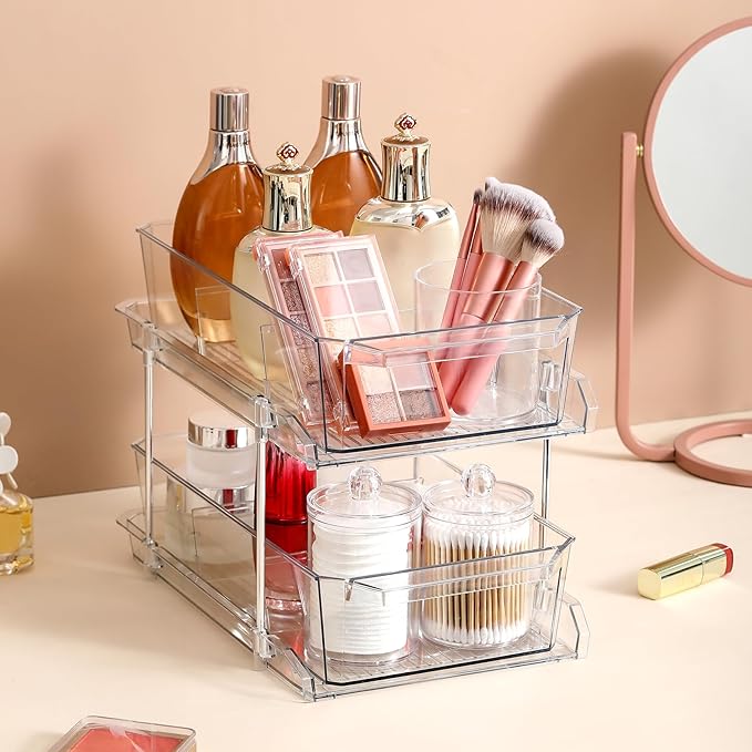 2 Tier Clear Organizer with Dividers for Cabinet, Shlef, Counter