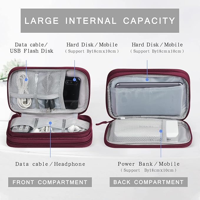 Skycase Electronic Organizer Travel Case - Waterproof Travel Cord Pouches for Organization, Cable Organizer, All-in-One Double Layers Storage Bag for Accessories, Charger, Cable, Wine Red