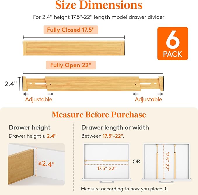 2.4" High 6 Pack Bamboo Drawer Dividers 45-55cm/17.5-22" Adjustable Wooden
