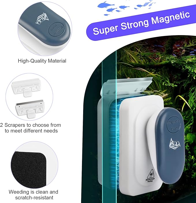 AQQA Aquarium Strong Magnetic Cleaner Brush, Fish Tank Glass Algae Magnet Cleaning Tool Floating Cleaner Scrubber Brush with 2 Detachable Scraper