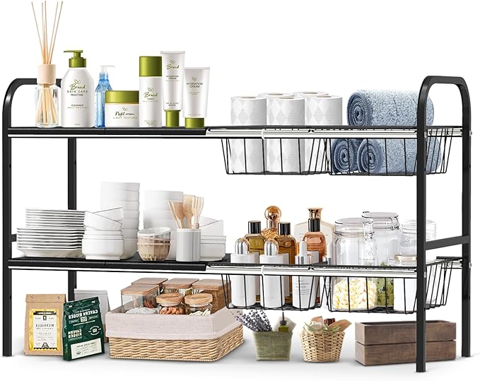 Expandable 2-Tier Under Sink Organizer, 2-Tier 4 Boards and 4 Baskets)