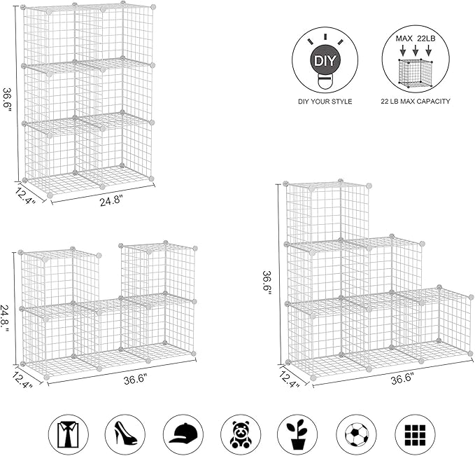 C&AHOME Wire Cube Storage, 6 - Cube Organizer Metal C Grids, Modular Shelves Units, Storage Bins Shelving, Closet Organizer, Ideal for Home, Office, Living Room, 36.6”L x 12.4”W x 36.6”H White