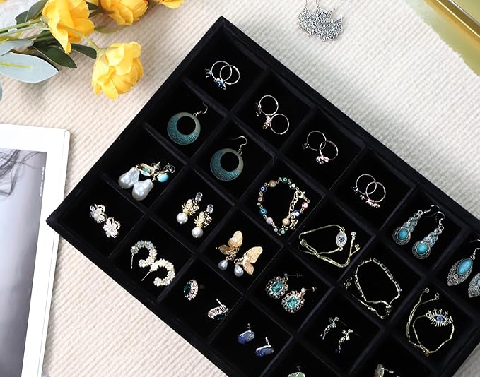 Wudygirl Set of 4 Stackable Jewelry Organizer Trays for Drawer Velvet Drawer Organizer with Lid Jewelry Display Case for Earring Necklace Ring Bracelet Gift for Women Girl(Set of 4,Black)