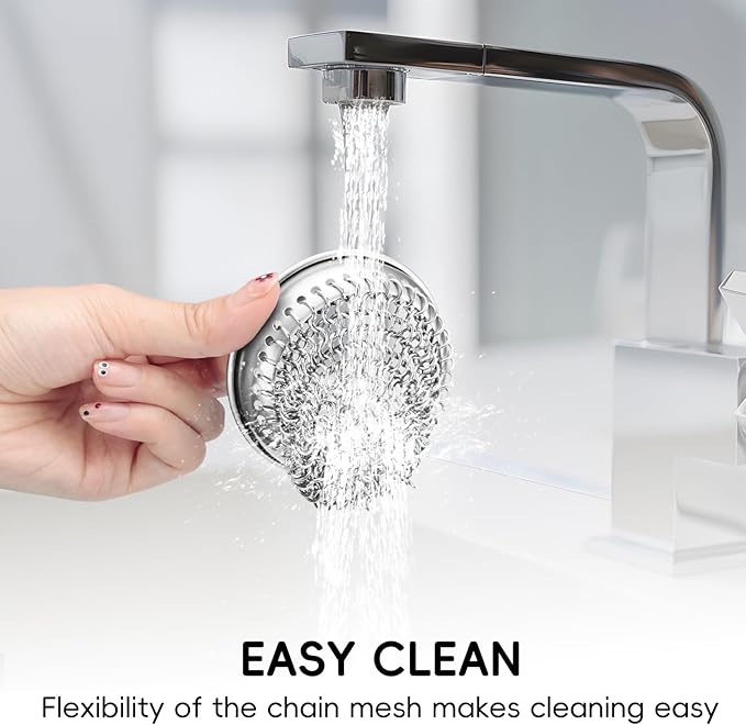 wokdada Kitchen Sink Strainer (1-Set Silver): with Adapter, Flexible Insert Chain Mesh Screen. 304 Stainless Steel, Clog-Free Catcher for Universal Sizes (Garbage Disposal)