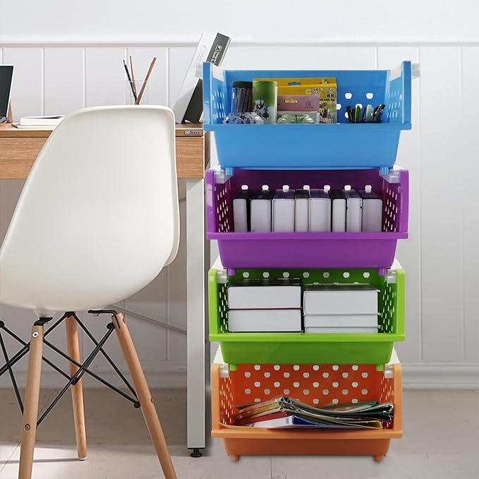 Asking 4-Pack Colorful Plastic Stackable Kitchen Storage Basket, Stacking Organizer Bin