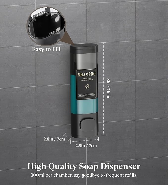 Luxspire Shampoo and Conditioner Dispenser, No Drill Wall Mounted Shower Soap Dispenser 1 Chamber with Waterproof Labels, Easy Refill Soap Dispenser for Bathroom Hotel Kitchen, Black