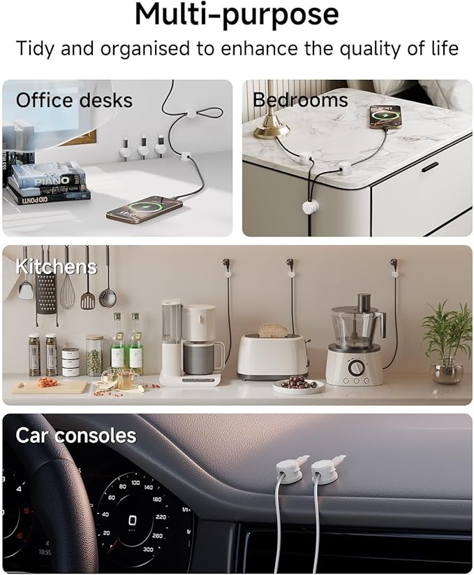 Cord Organizer Holder, 360° Rotatable Magnetic Cable Clips, Strong Adhesive Cable Management Desk Accessories, Adjustable Wire Organizer Hide Cords Neatly for Nightstand/Home/Kitchen/Office/Car