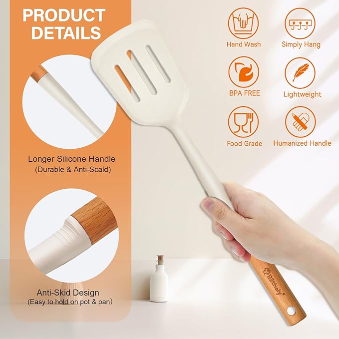Large Silicone Kitchen Utensils Set with Holder, 25Pcs Cooking Utensil Set with Wooden Handle, Heat Resistant Spatula Sets for Cooking, BPA Free Silicone Utensils Set for Non-Stick Cookware(White)