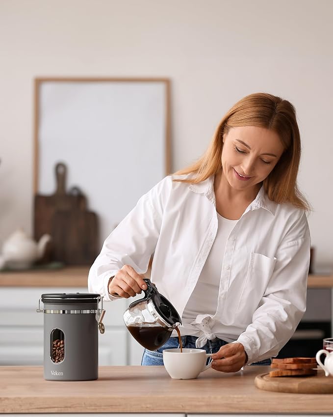Veken Coffee Canister with Window,Airtight Stainless Steel Kitchen Food Storage Container, Date Tracker & Scoop for Grounds Coffee, Beans, Tea, Flour