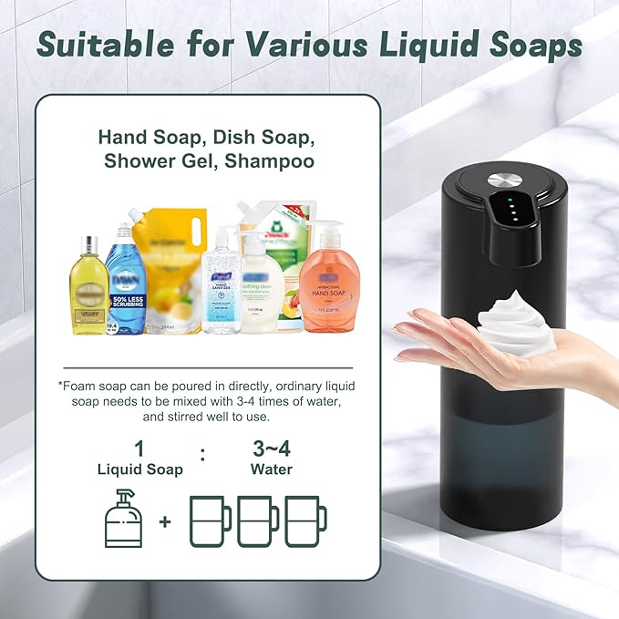 Automatic Foaming Soap Dispenser USB C Rechargeable Hand Soap Dispenser for Bathroom Touchless Dish Soap Dispenser for Kitchen IPX5 Waterproof, Matte Black