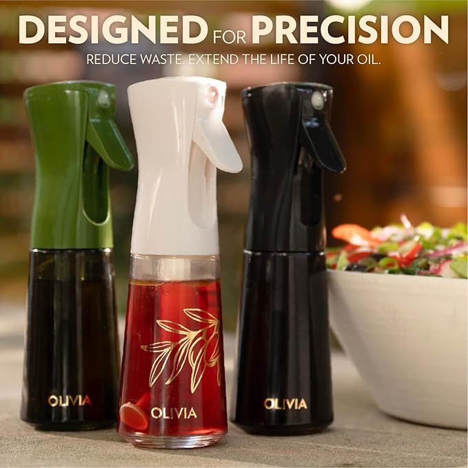 OLIVIA Oil Sprayer for Cooking, 200ml Glass Olive Oil Sprayer, Continuous Cooking Spray Bottle with Portion Control, Olive Oil Dispenser for Kitchen, Air Fryer, Salad, BBQ (Golden Leaves)