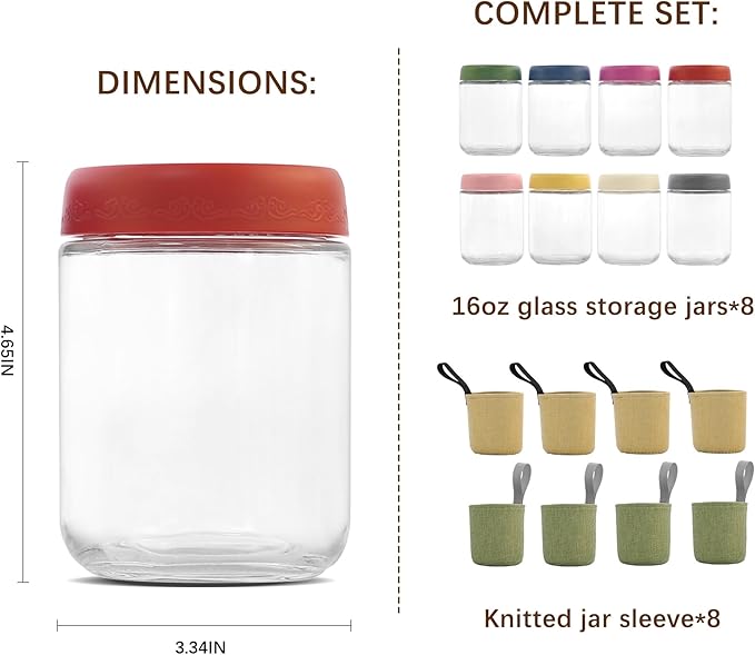 16 OZ 8 Pack Overnight Oats Jars with Airtight Lids and Jar Sleeve, Glass Containers for Meal Prep, Leak-Proof Food Storage Jars for Yogurt