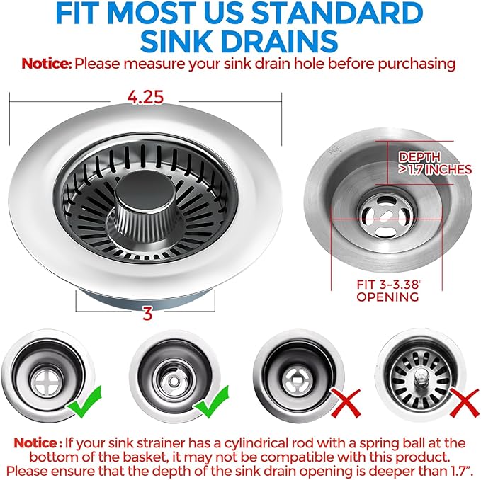 zaa Kitchen Sink Drain Strainer - Kitchen Sink Stopper, 304 Stainless Steel Sink Drain Stopper, Sink Protector for Kitchen with Anti-Clog Filter