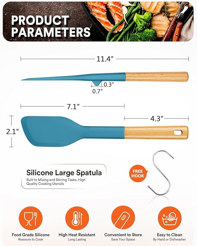 Silicone Everyday Spatula, Great For Stirring, Mixing And Scraping, Sturdy Bpa-Free Matte Silicone, Wooden Handle Rubber Scraper For Nonstick Cookwares (TURQ)