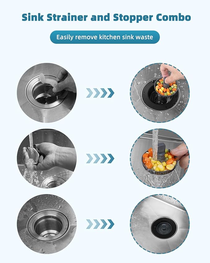 Universal 3 in 1 Kitchen Sink Drain Strainer Stopper Combo, Black Stainless Steel Shell Pop Up Sink Stopper for US Standard 3-1/2 inch Drain Filter