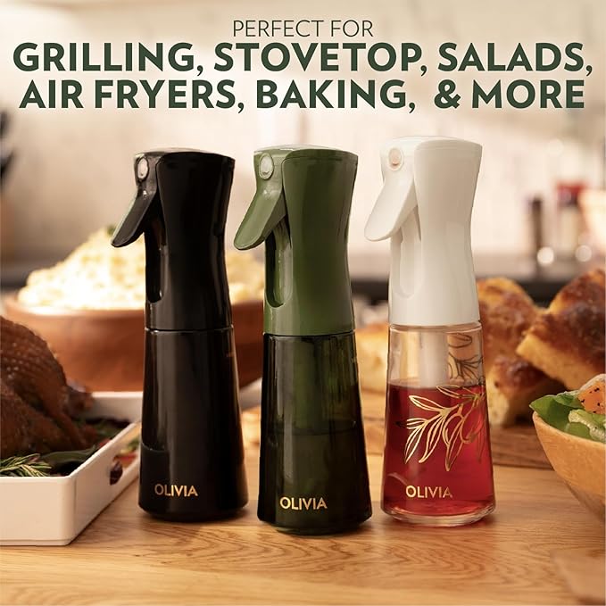 OLIVIA SIGNATURE Advanced Kitchen Oil Sprayer Technology, Fine Mist & Portion Control, Refillable Glass Olive Oil Cooking Spray Bottle for Air Fryer, Salad, BBQ, 2 Pack 200ml (White)