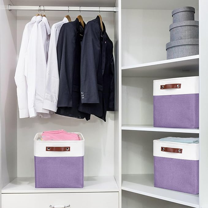 Collapsible Fabric Storage Cubes 11x11 Cube Storage Bins, Purple&White