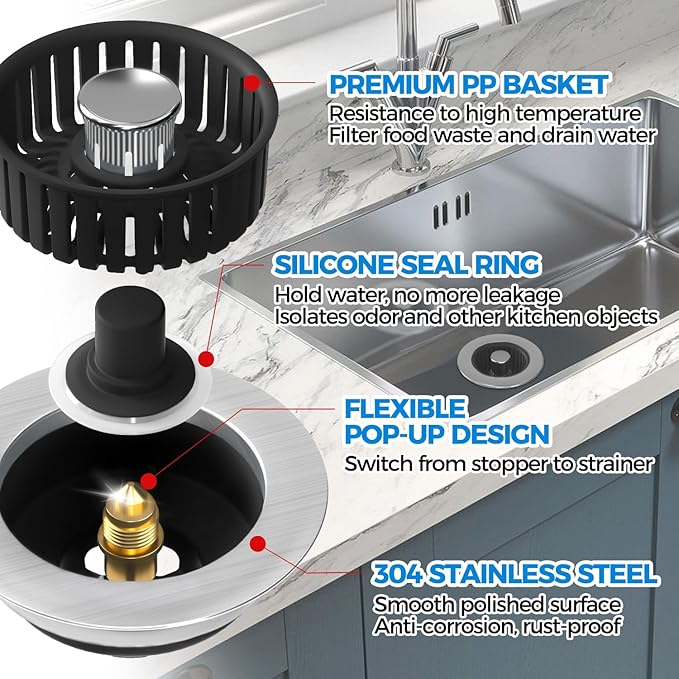 zaa Sink Drain Strainer - 3 in 1 Kitchen Sink Stopper, Stainless Steel Kitchen Drain Plug & Cover with Anti-Clogging Basket Strainer, Fit US Standard 3-1/2'' Sink Drain Hole, Brushed Black