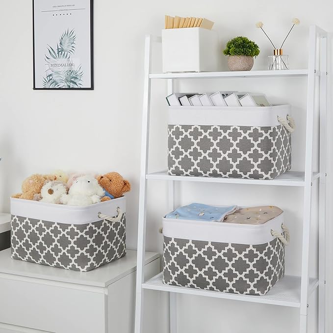 Bidtakay Basket Storage Bins Baskets for Organizing Set of 3 Collapsible Cloth Storage Linen Closet Organizer 15 X 11 X 9.5 Inches Large Foldable Baskets for Shelves (White&Quatrefoil Grey)