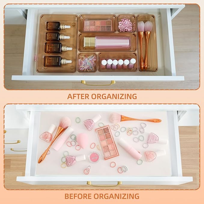 Coffee Acrylic Drawer Organizers Set Storage for Makeup, Office Desk Small Vanity Trays for Drawer Bathroom Plastic Make up Organizers 25 Pcs