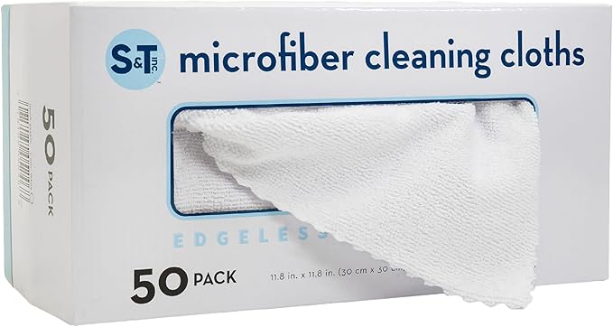 S&T INC. 50 Pack Microfiber Cleaning Cloth with Box, Bulk Towels for Home, Reusable Microfiber Towels for Cars, Cleaning Rags, White, 190gsm, 11.8 Inches x 11.8 Inches, 50 Count