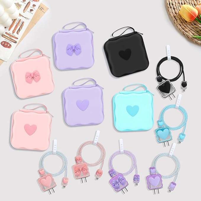 CameCosy DIY Phone Charger Storage Case Cover Sets for iPhone with Cable Protector Earphone Wire Saver, Portable Travel Storage Bag, Cute Cable Charger Protector Cord Organizer (Purple Bow Tie)