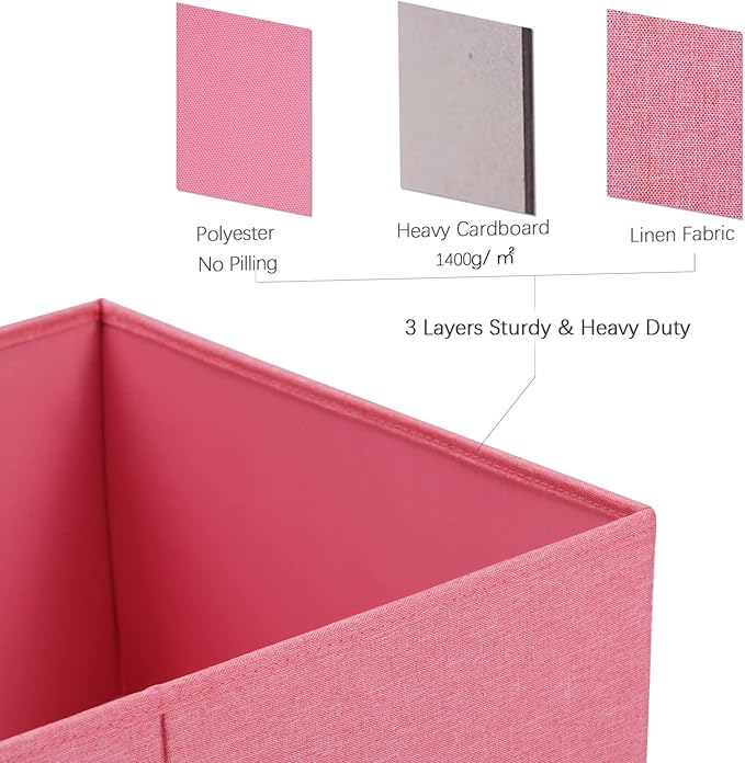 Linen Foldable Storage Bins with Lids, 2 Pack, Pink