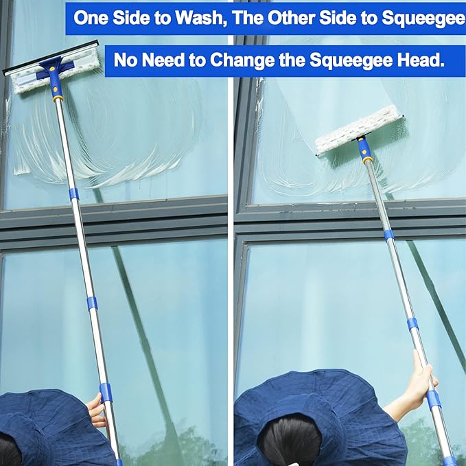 ITTAHO 60" Window Squeegee Cleaner 2 in 1 Window Cleaning Tool Kit Window Washing Kit with Extension Pole for Shower Glass, Indoor/Outdoor High Window Cleaning-Two Pads
