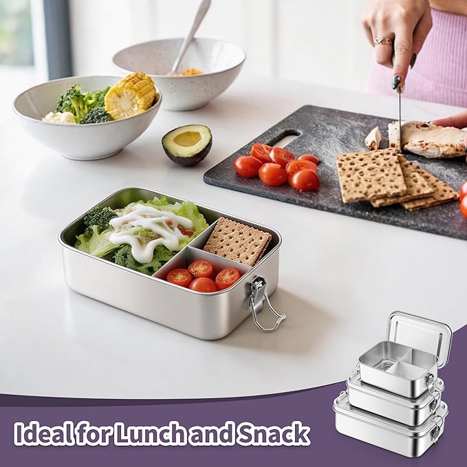 TeamFar Stainless Steel Bento Box, 3 Pack (28 & 47 & 81oz) Metal Lunch Box with 3 Compartments for Adults/Kids