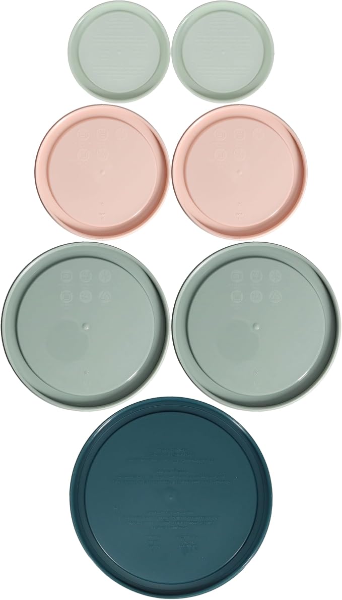 Pyrex Food Storage Plastic Replacement Lid Set (White Mint, Rosewater Pink, Tranquil Green, Tarragon Green)