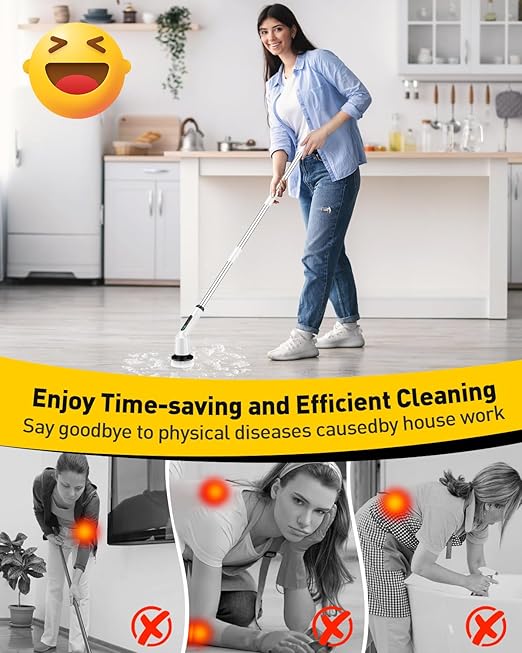 Electric Spin Scrubber for Cleaning Bathroom, Shower Scrubber Cordless Cleaning Brush with IPX7 Waterproof & 2 Speed, 3 Brush Heads, Bathroom Cleaning Supplies for Shower Tub Kitchen Tile Toilet White