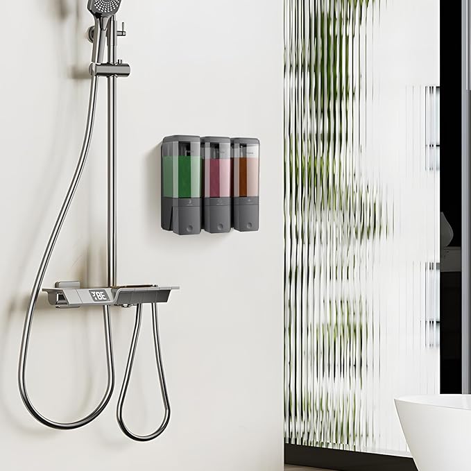 Shampoo and Conditioner Dispenser Wall Mounted, Shower Soap Dispenser No Drill Upadate Easy Slot Install, Shampoo Dispenser for Shower Bathroom Large Capacity 500ml * 3 Chamber Holder Gungray
