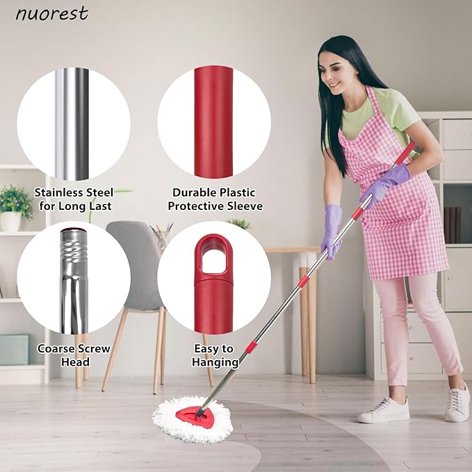 Spin Mop Replacement Set for O-Ceda EasyWring 1-Tank System, Includes 2 Mop Head Replacement, 1 Mop Handle (30-58in Adjustable 4-Section Pole), 1 Scrubber Head, 1 Spin Base