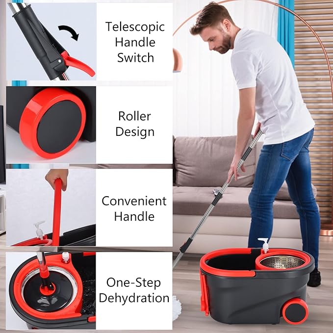 Spin Mop Bucket with Wringer Set, 360° Mop Bucket Floor Cleaning System with 3 Microfiber Replacement Mop Head Refills, 61" Adjustable Stainless Steel Handle, 2X Wheel for Home Cleaning