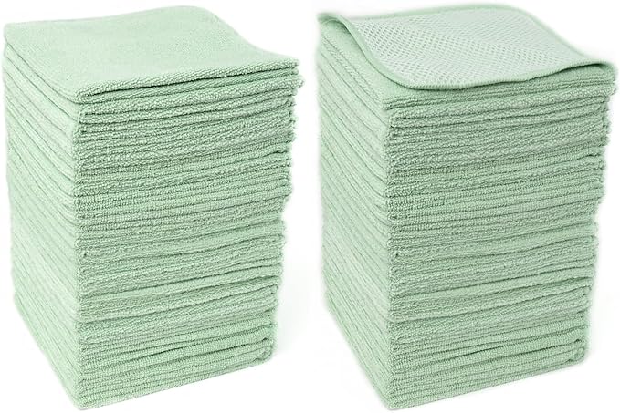 HAWOK Microfiber Cleaning Cloths with Poly Scour Scrub Side, 13 x 13 inches, 50 Pack, Glass Car Window Dish Cloths, Reusable and Machine Washable, Lint-Free, Green