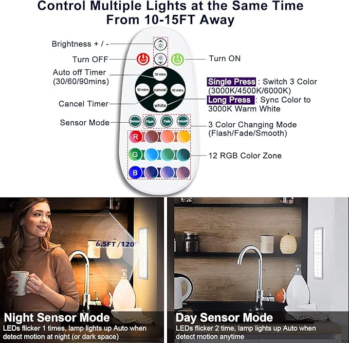Under Cabinet Lights Wireless, 58-LED Rechargeable Motion Sensor Closet Lights with Remote Control, RGB Color Changing Under Counter Lights for Kitchen, Pantry, Bedroom, Stairs, 4 Pack