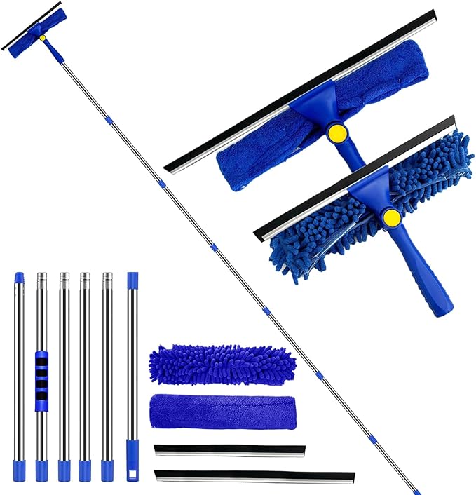 Window Cleaner Squeegee Kit - 2.38M (94inch) Cleaning Equipment with Long Handle 3 in 1 Extendable Window Cleaning Tool for High Windows, Glass, Home
