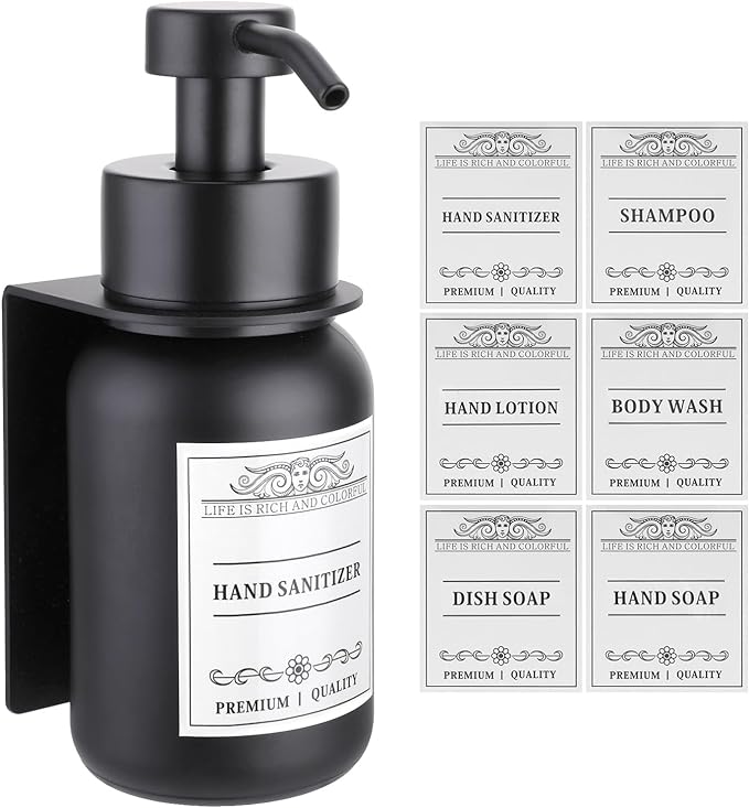 Black Glass Soap Dispenser Wall Mount for Bathroom with Pump and Drill-Free Holders - 8.5 Oz Hand Soap Dispenser, Shower Dispenser with Waterproof Labels