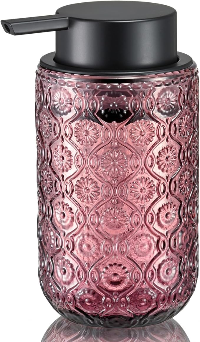 Pink Glass Liquid Hand Soap Dispenser with Matte Black Pump Thick Embossed Bottle Refillable for Bathroom and Kitchen Decor 13.5 oz