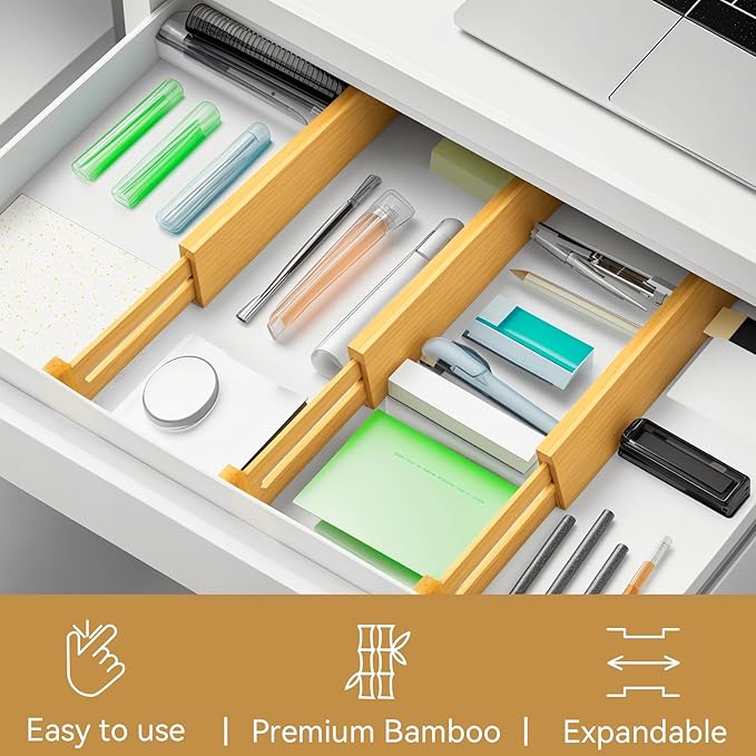 Secura Bamboo Drawer Dividers Organizer 4-Pack, Adjustable Drawer Separators Expandable from 12.0-17.1 inches for Kitchen, Office, Bathroom, Closet, Dresser
