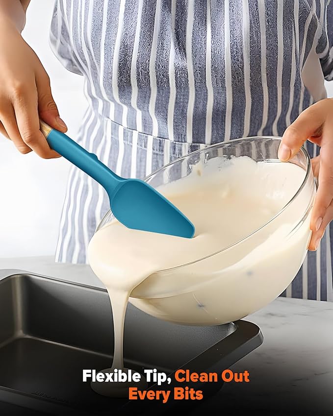 Silicone Spoon Spatula, Great For Scraping Bowls And Scooping Batter, Sturdy Bpa-Free Matte Silicone, Wooden Handle Rubber Spatula For Nonstick Cookwares (TURQ)