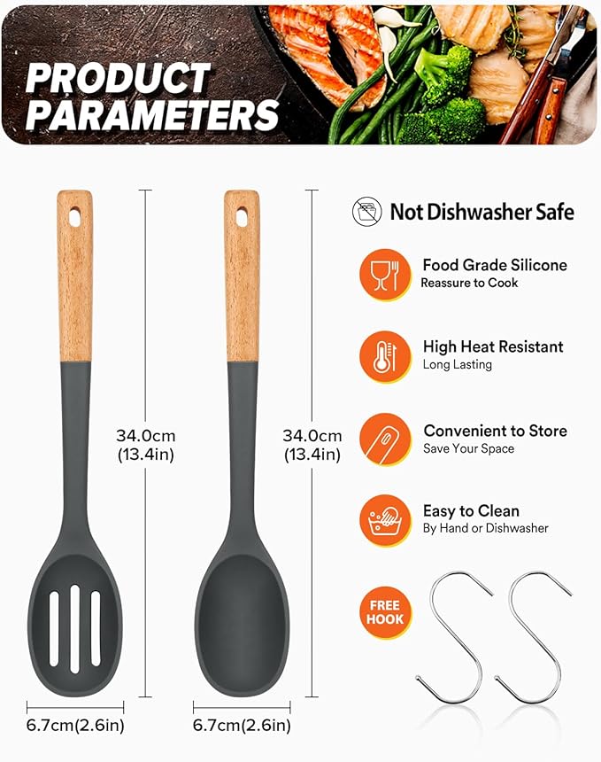 Silicone Cooking Spoons, Great for Scooping Sides and Serving Hearty Stews, BPA-Free Matte Silicone, Wooden Handle Serving Spoon for Nonstick Cooking Surfaces (Grey)