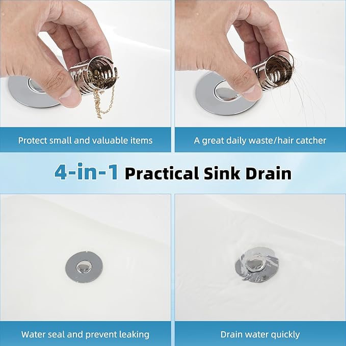 Universal Metal Bathroom Sink Drain Strainer Hair Catcher Upgraded 3 in 1 Pop-up Sink Stopper, with Detachable Stainless Steel Filter Basket