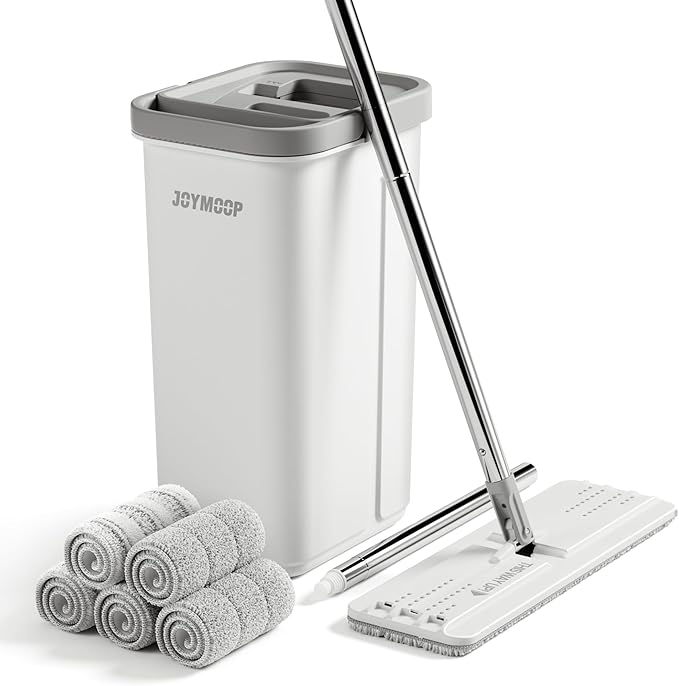 JOYMOOP Mop and Bucket with Wringer Set, Hands Free Flat Floor Mop and Bucket, 60" Mop with 5 Reusable Microfiber Pads, Wet and Dry Use, Floor Cleaning System